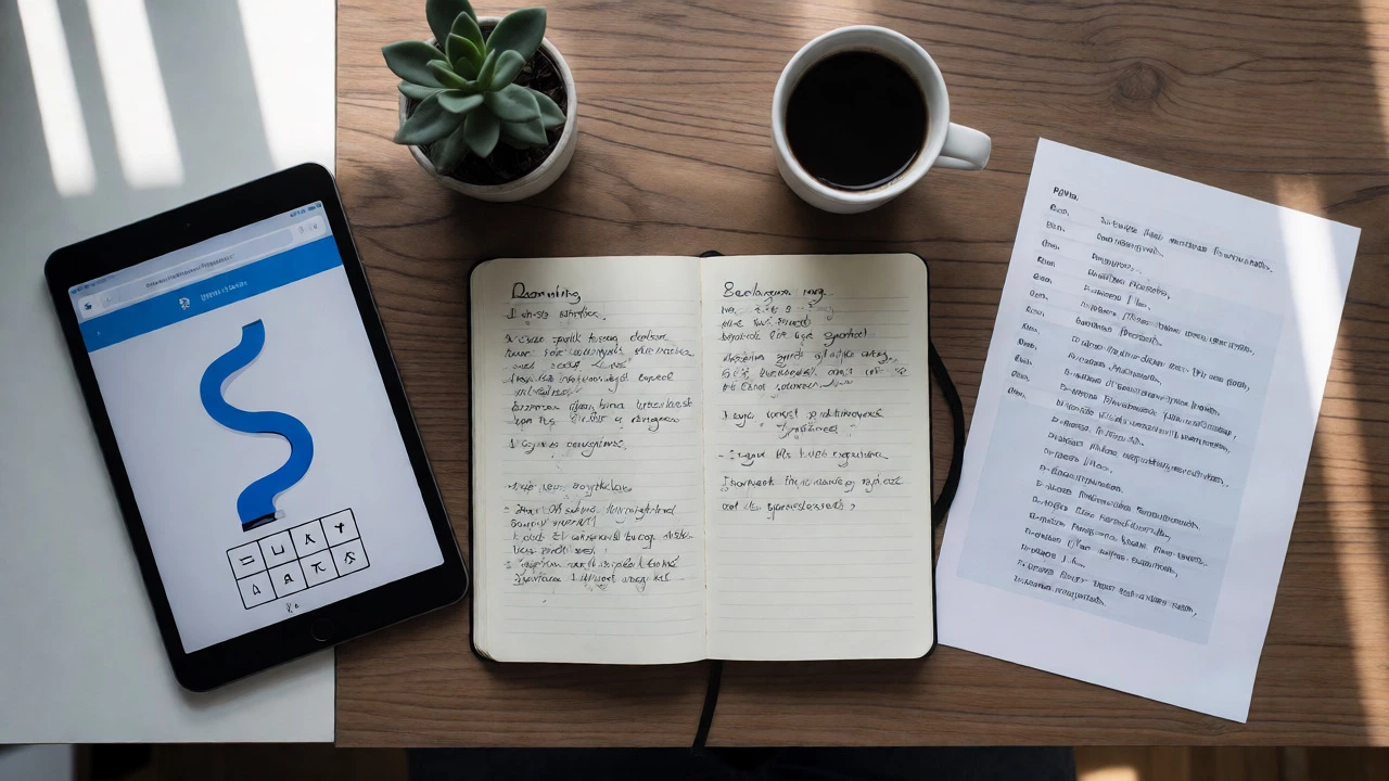 Overhead view of a desk with notes, a browser game, and automation scripts representing coding choices.
