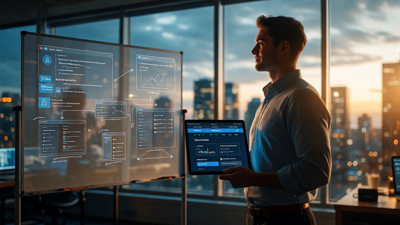 Professional holding a tablet with a live app against a city skyline at sunset.