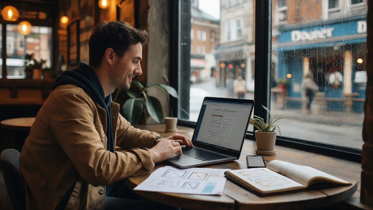 Relaxed freelancer working productively in a bright cafe