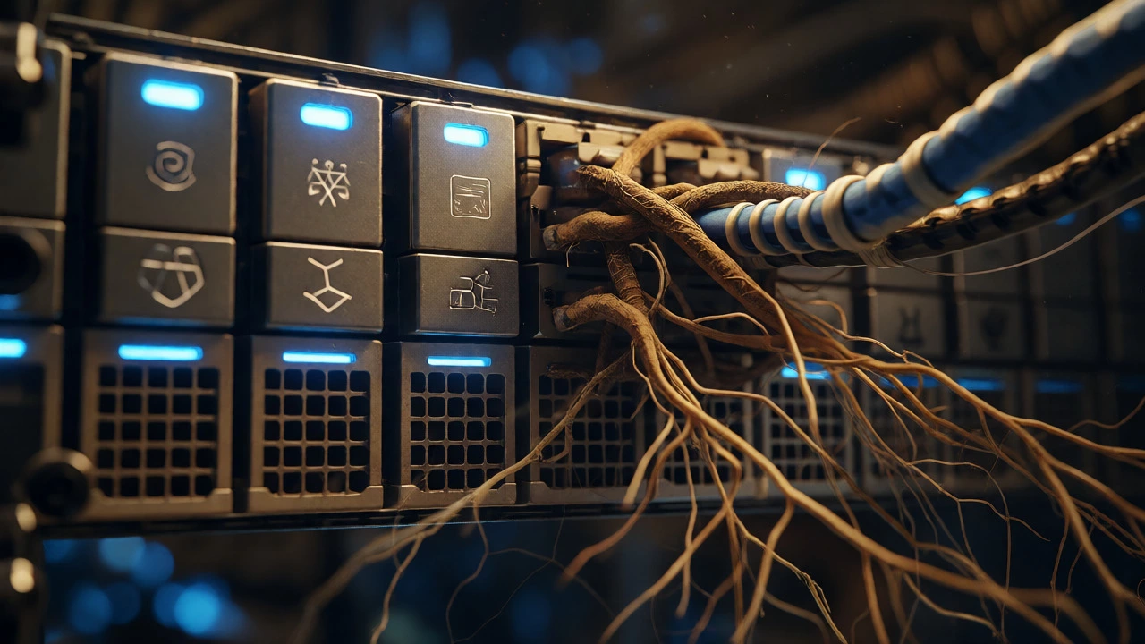 Server racks with organic roots growing through them, symbolizing stable web infrastructure.