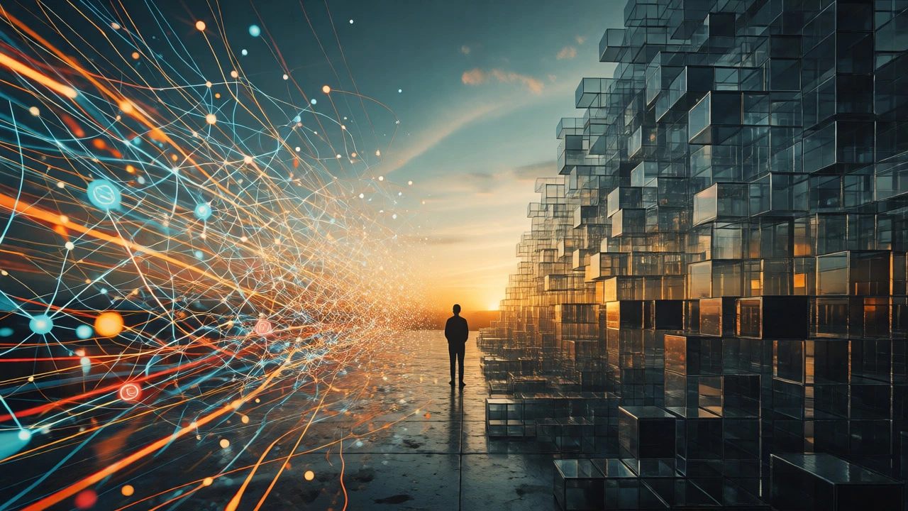 Silhouette standing between a chaotic startup path and a stable corporate tower, symbolizing framework choice.