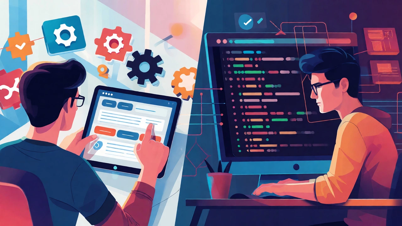 Split scene contrasting visual site building with PHP coding