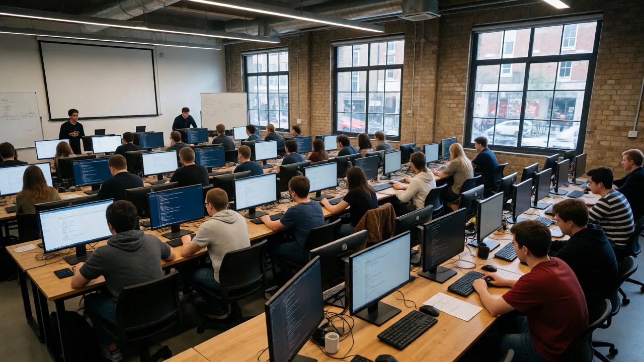 Students working intently in a modern, well-lit coding bootcamp classroom.