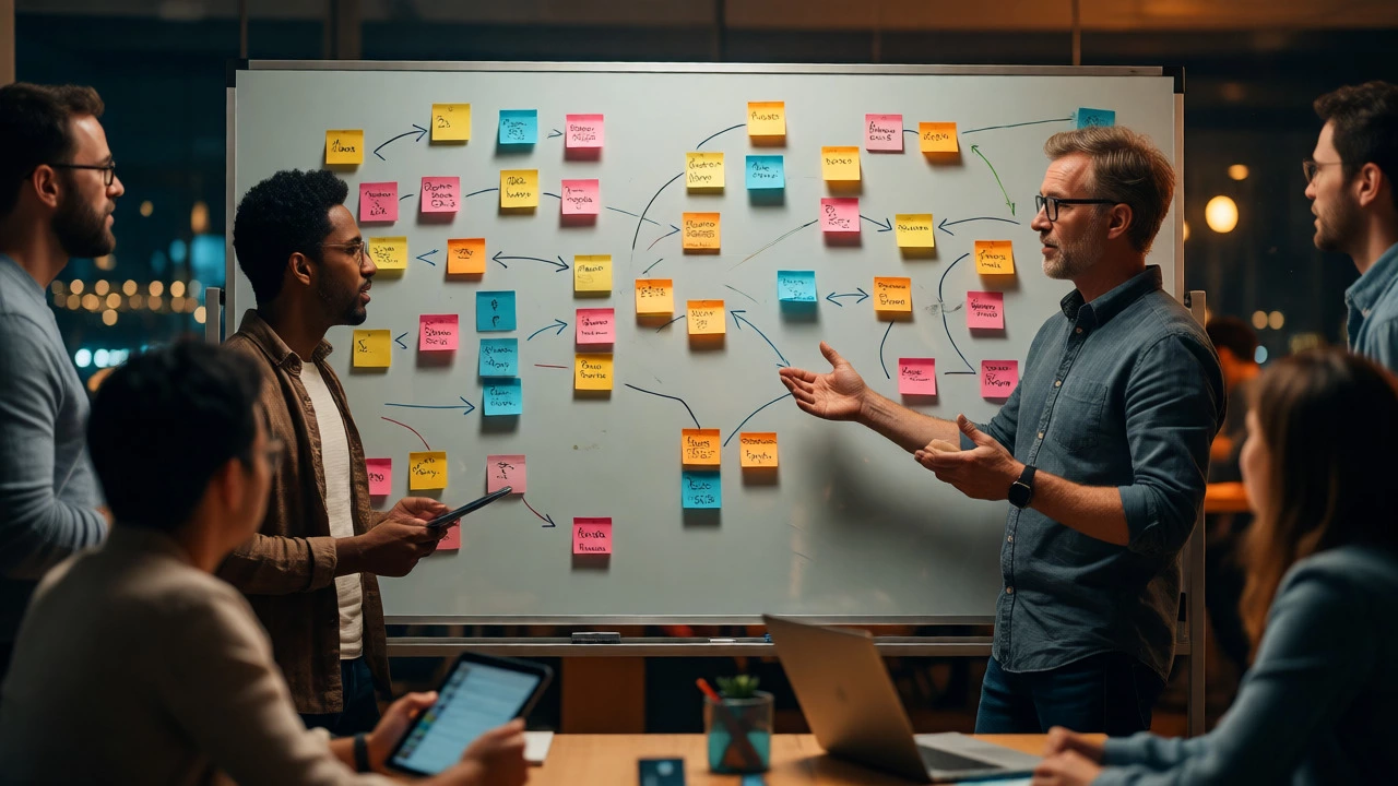 Team collaborating on user journey maps in a tech startup meeting
