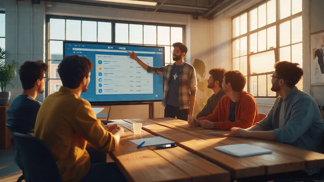 Team of junior developers collaborating on a project in a bright modern office.