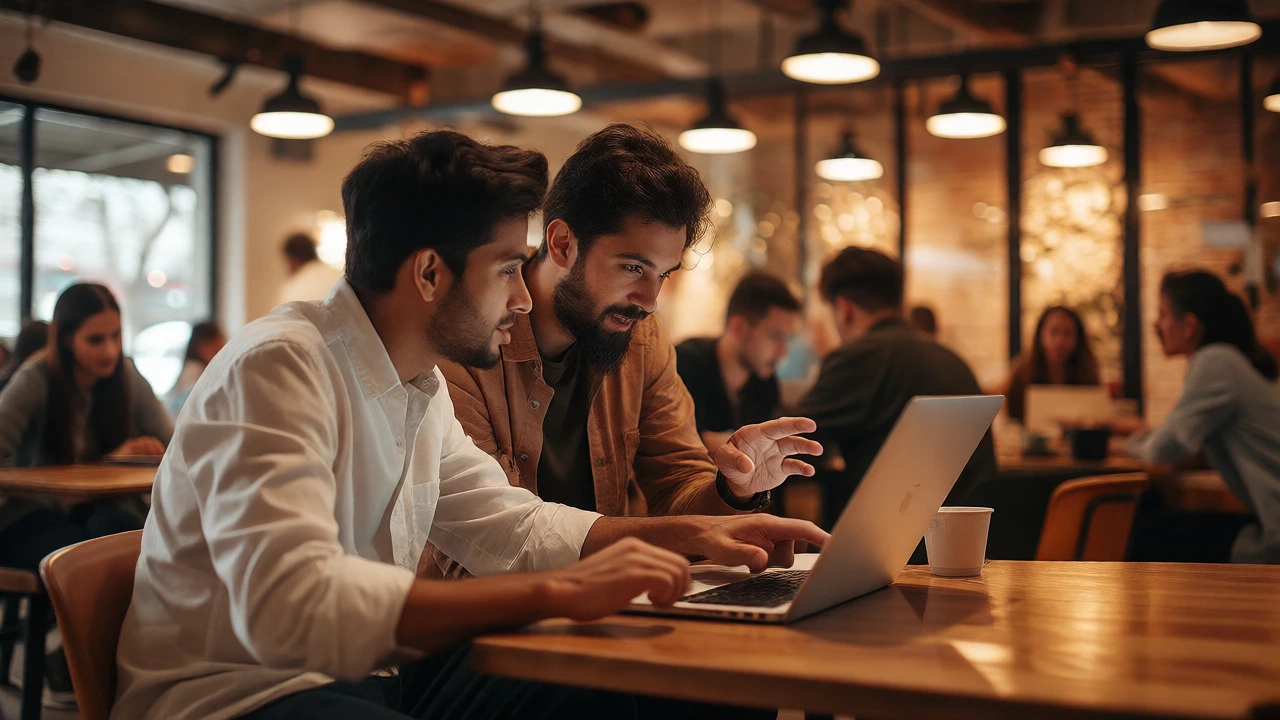 Two developers collaborating on a laptop in a cafe