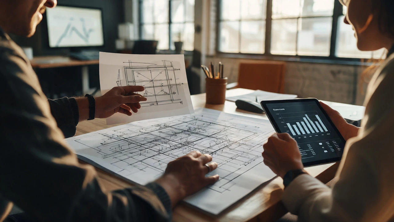 Web designer and SEO specialist collaborating over a hybrid blueprint in a bright office.